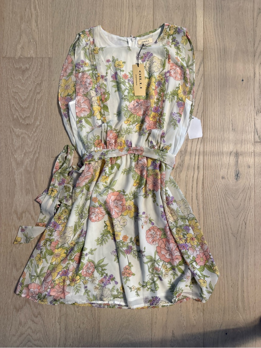 Gilli Floral Tie-Waist Dress in White with Pink and Yellow Blooms